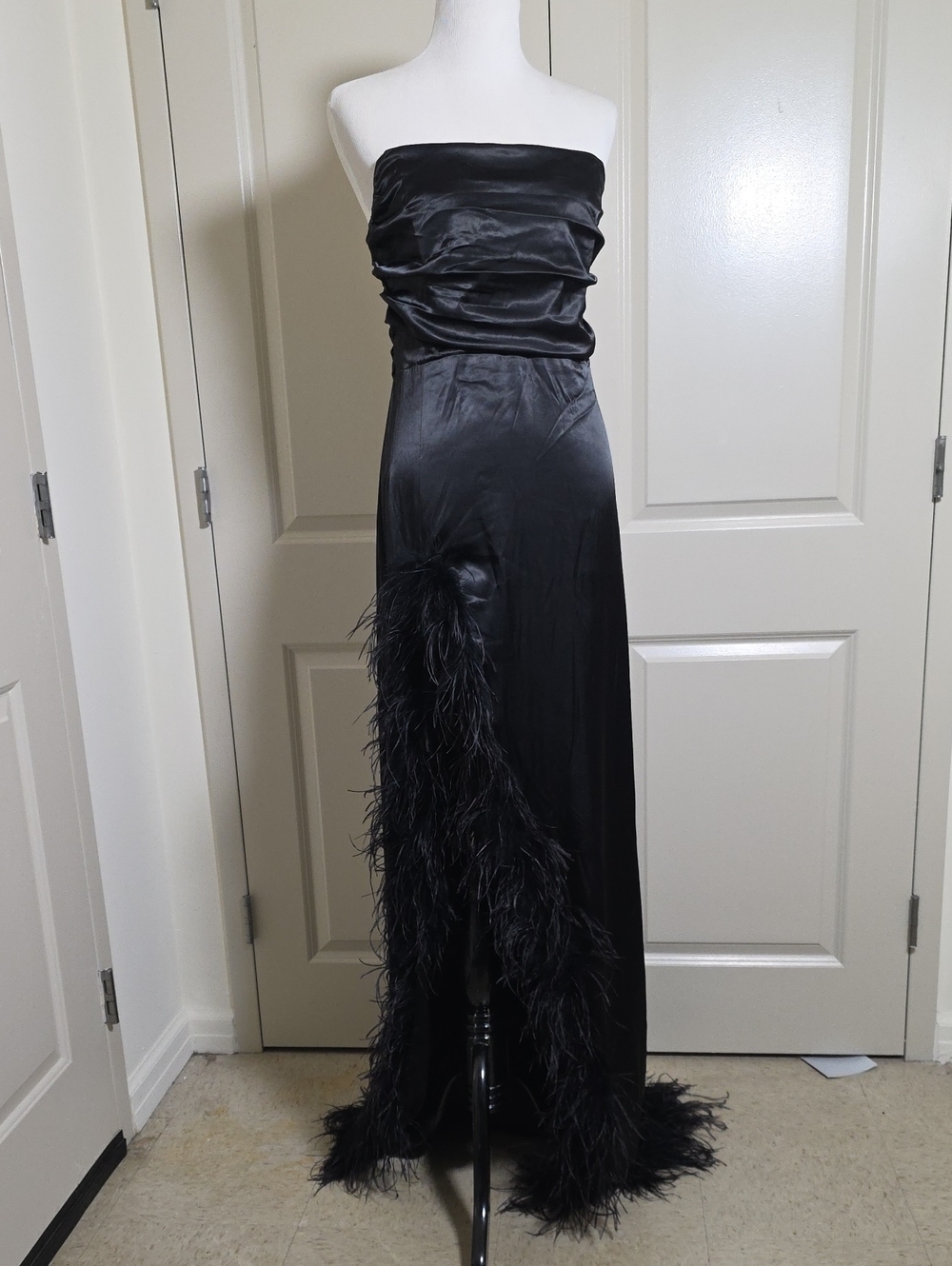 Fashion Nova Strapless Black Satin Gown with Feather Trim